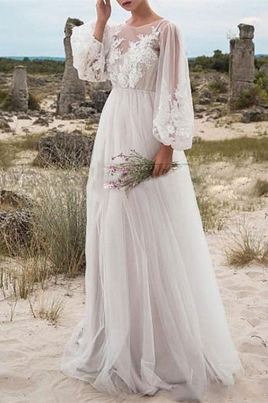 Elegant Long A-line Tulle Lace Wedding Dress with Bubble Sleeves-BallBride