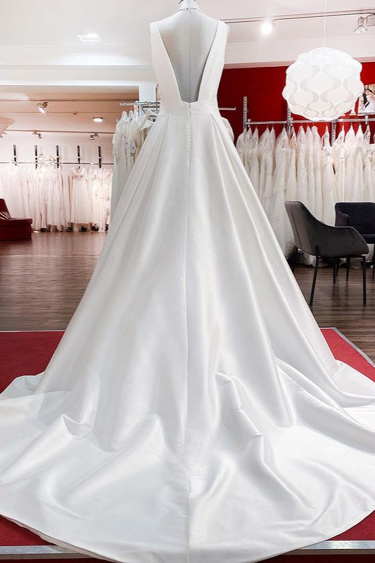 Elegant Long A-line V-Neck Satin Wedding Dress With Ruffles and Open Back-BallBride