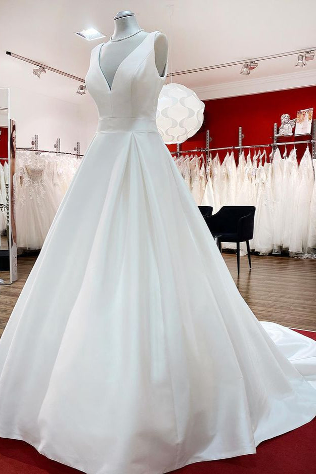 Elegant Long A-line V-Neck Satin Wedding Dress With Ruffles and Open Back-BallBride