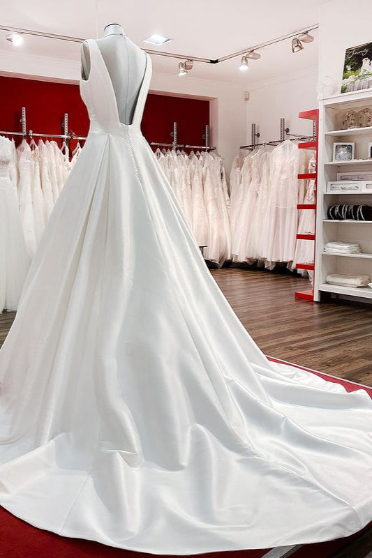 Elegant Long A-line V-Neck Satin Wedding Dress With Ruffles and Open Back-BallBride
