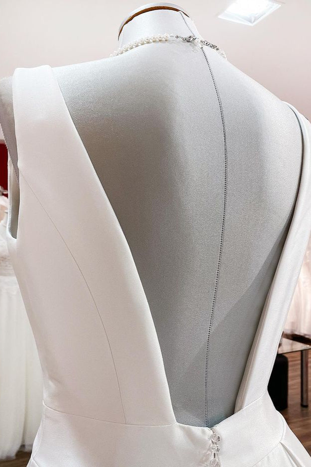 Elegant Long A-line V-Neck Satin Wedding Dress With Ruffles and Open Back-BallBride