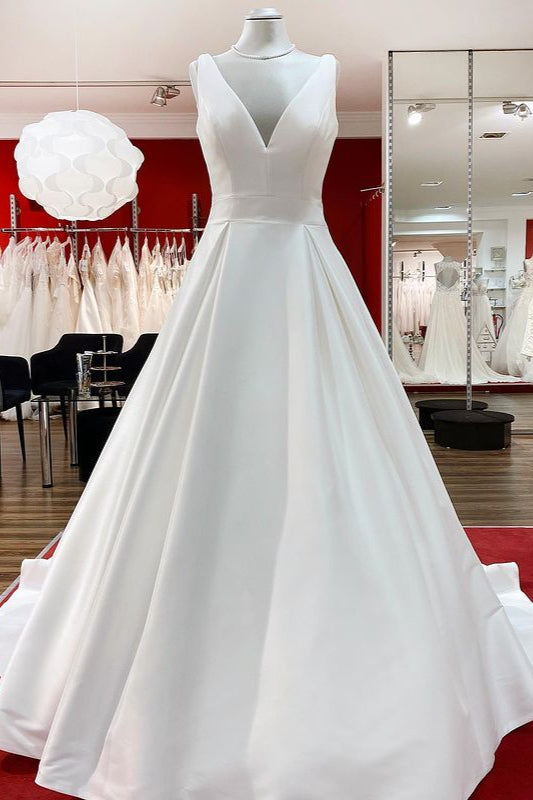 Elegant Long A-line V-Neck Satin Wedding Dress With Ruffles and Open Back-BallBride