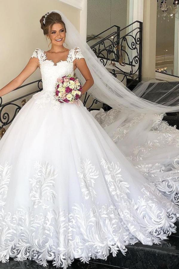 Elegant Long Cap Sleeves Princess Tulle Lace Wedding Dress-BallBride