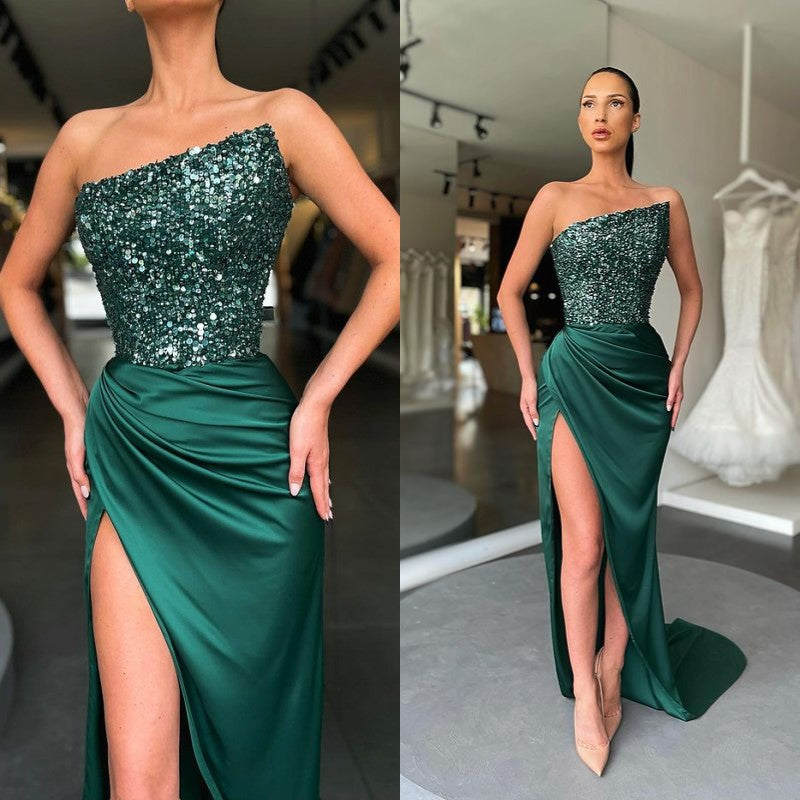 Elegant Long Dark Green Prom Dress With Slit and Sequins-BallBride