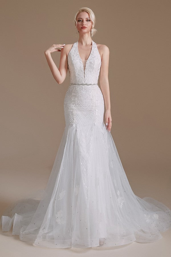 Elegant Long Mermaid Halter Tulle Floor-Length Wedding Dress with Appliques Lace-BallBride