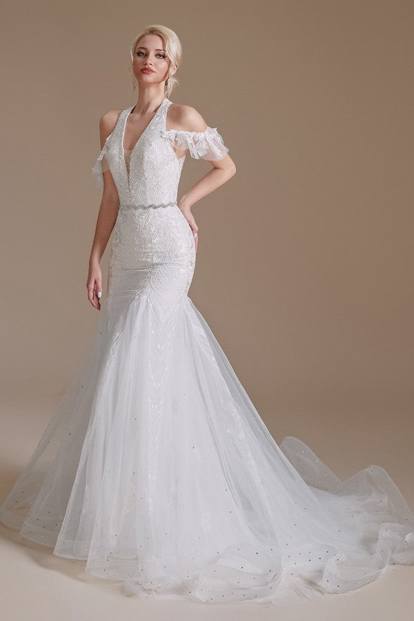Elegant Long Mermaid Halter Tulle Floor-Length Wedding Dress with Appliques Lace-BallBride