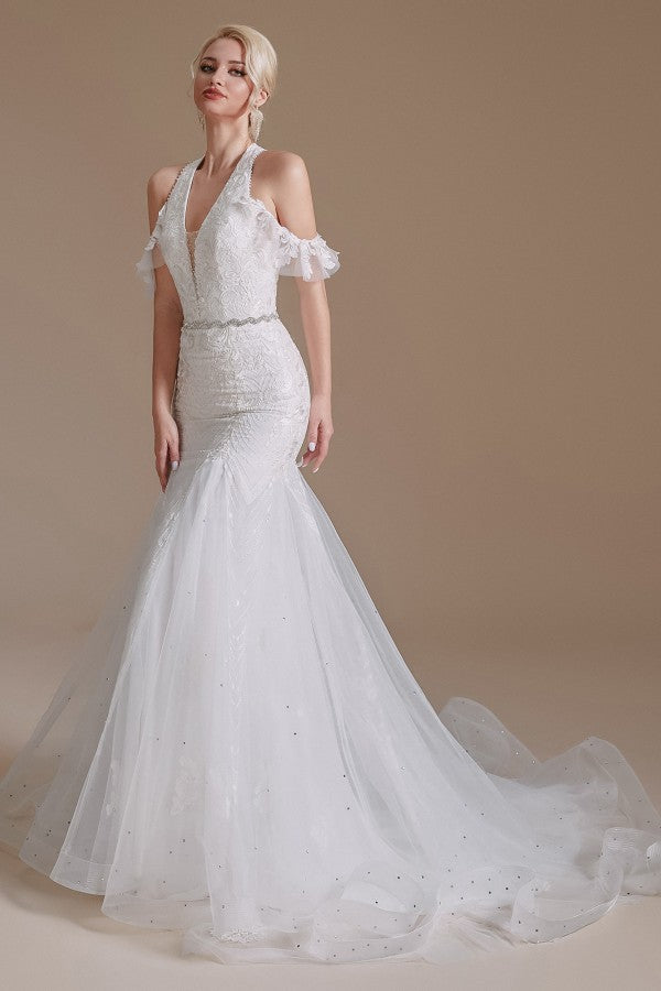 Elegant Long Mermaid Halter Tulle Floor-Length Wedding Dress with Appliques Lace-BallBride
