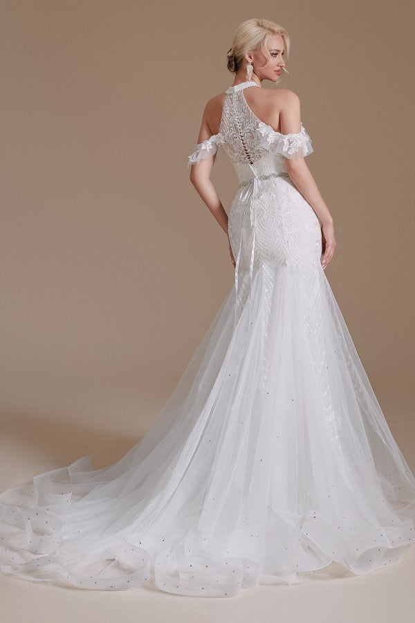 Elegant Long Mermaid Halter Tulle Floor-Length Wedding Dress with Appliques Lace-BallBride