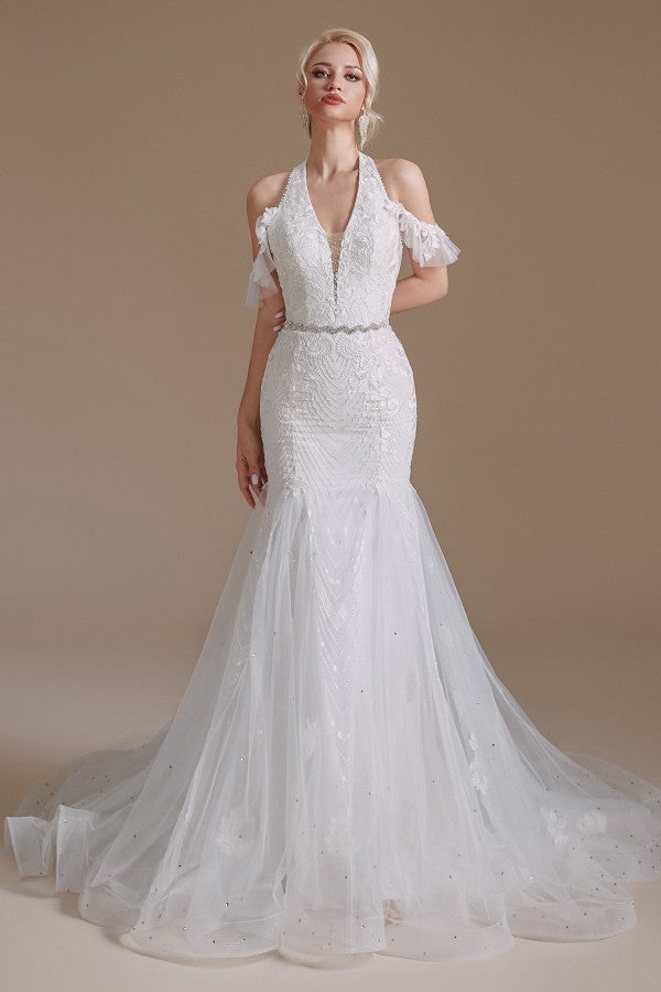 Elegant Long Mermaid Halter Tulle Floor-Length Wedding Dress with Appliques Lace-BallBride