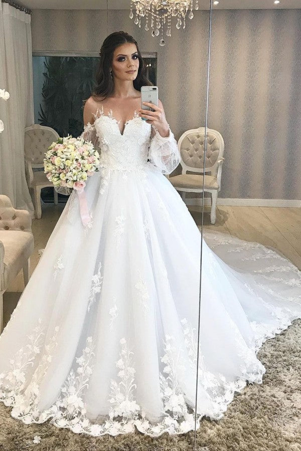 Elegant Long Princess Off-the-shoulder Wedding Dress with Tulle Bubble Sleeves-BallBride