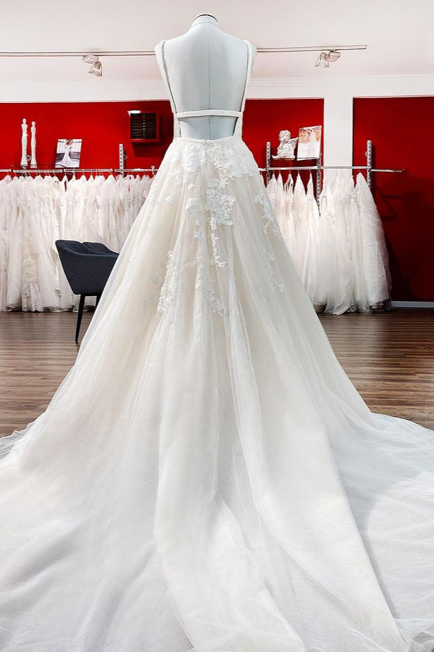 Elegant Long Princess V-neck Backless Wedding Dress With Lace Tulle-BallBride
