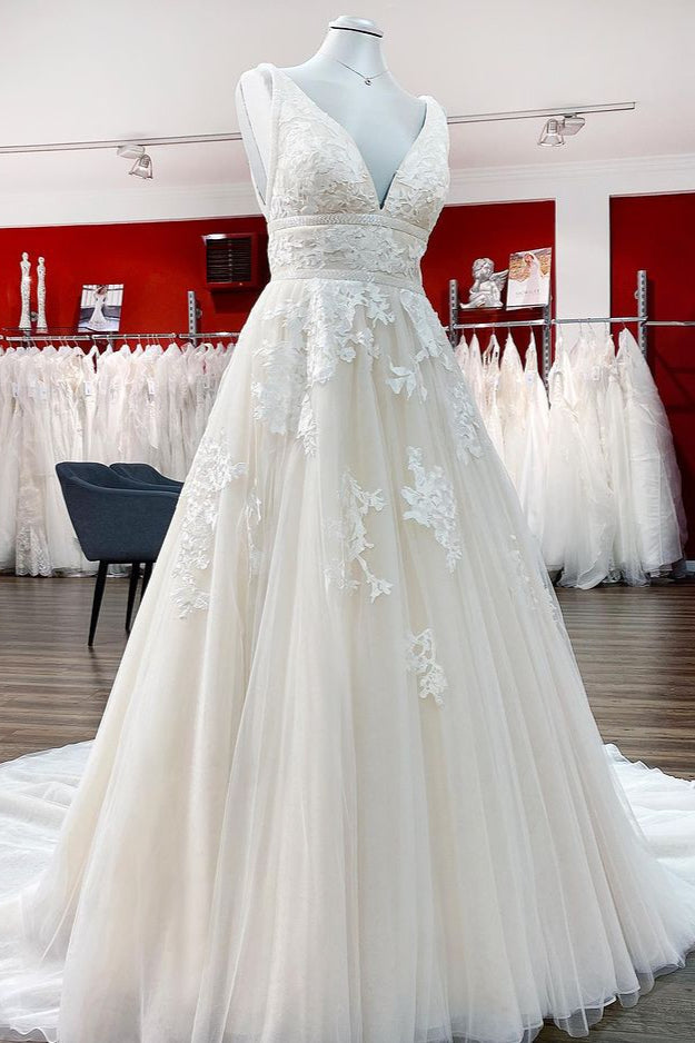 Elegant Long Princess V-neck Backless Wedding Dress With Lace Tulle-BallBride