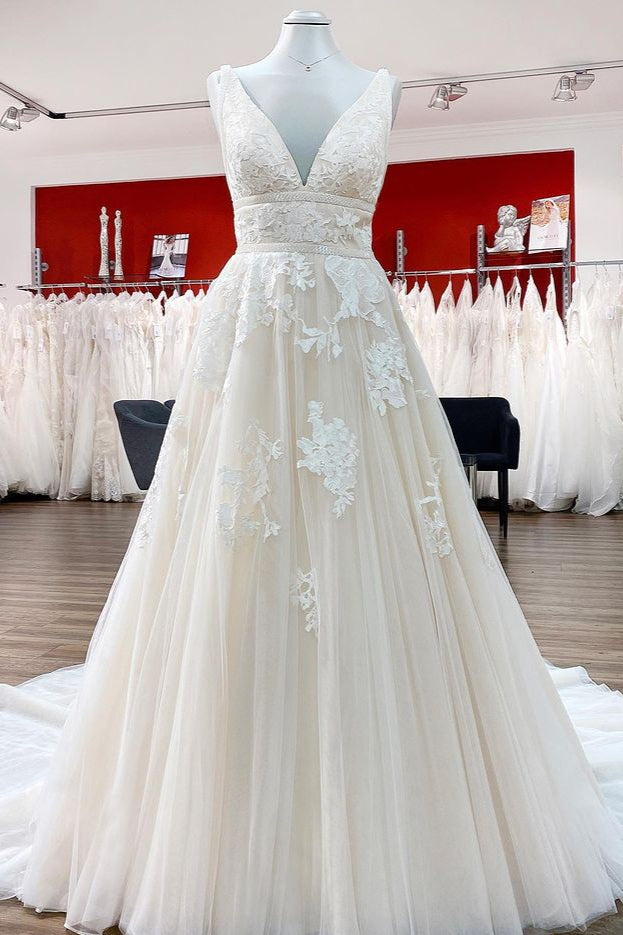 Elegant Long Princess V-neck Backless Wedding Dress With Lace Tulle-BallBride