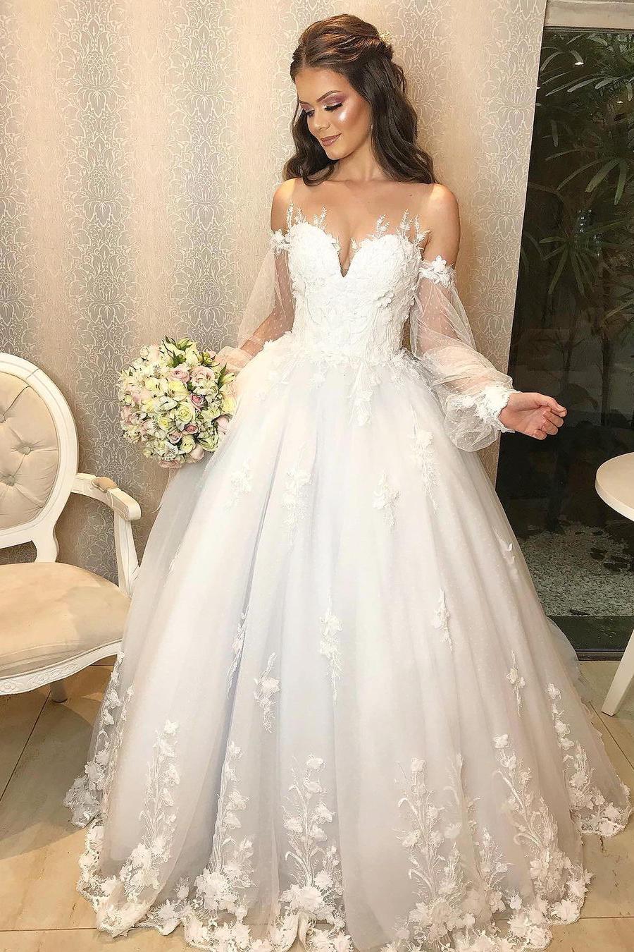 Elegant Long Princess Wedding Dress With Tulle Bubble Sleeves-BallBride