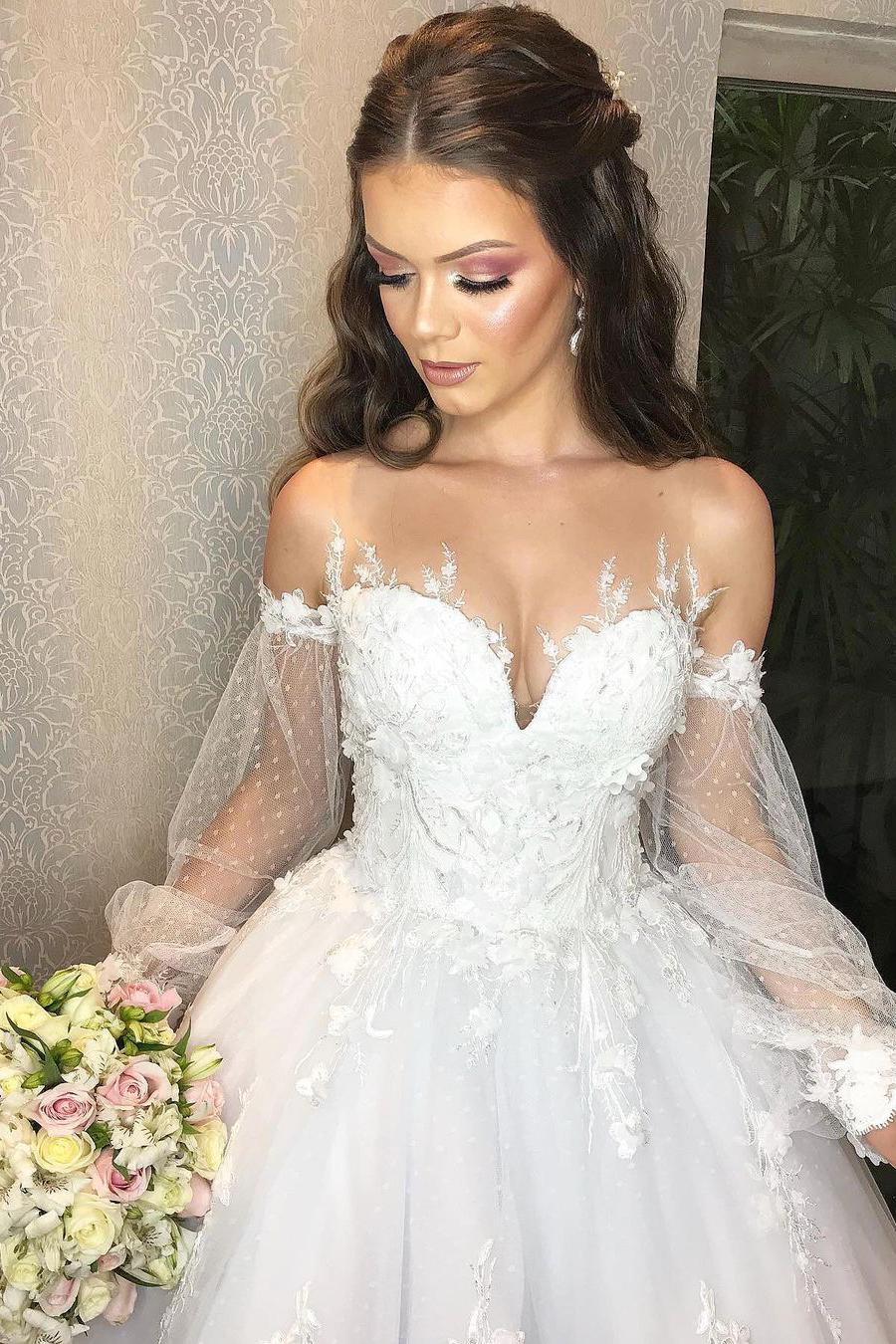 Elegant Long Princess Wedding Dress With Tulle Bubble Sleeves-BallBride