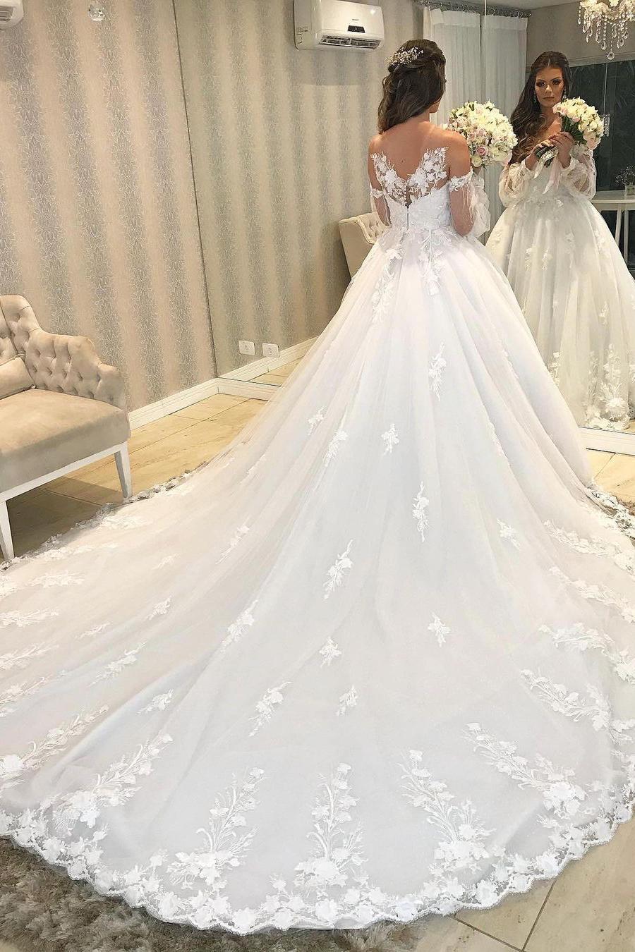 Elegant Long Princess Wedding Dress With Tulle Bubble Sleeves-BallBride