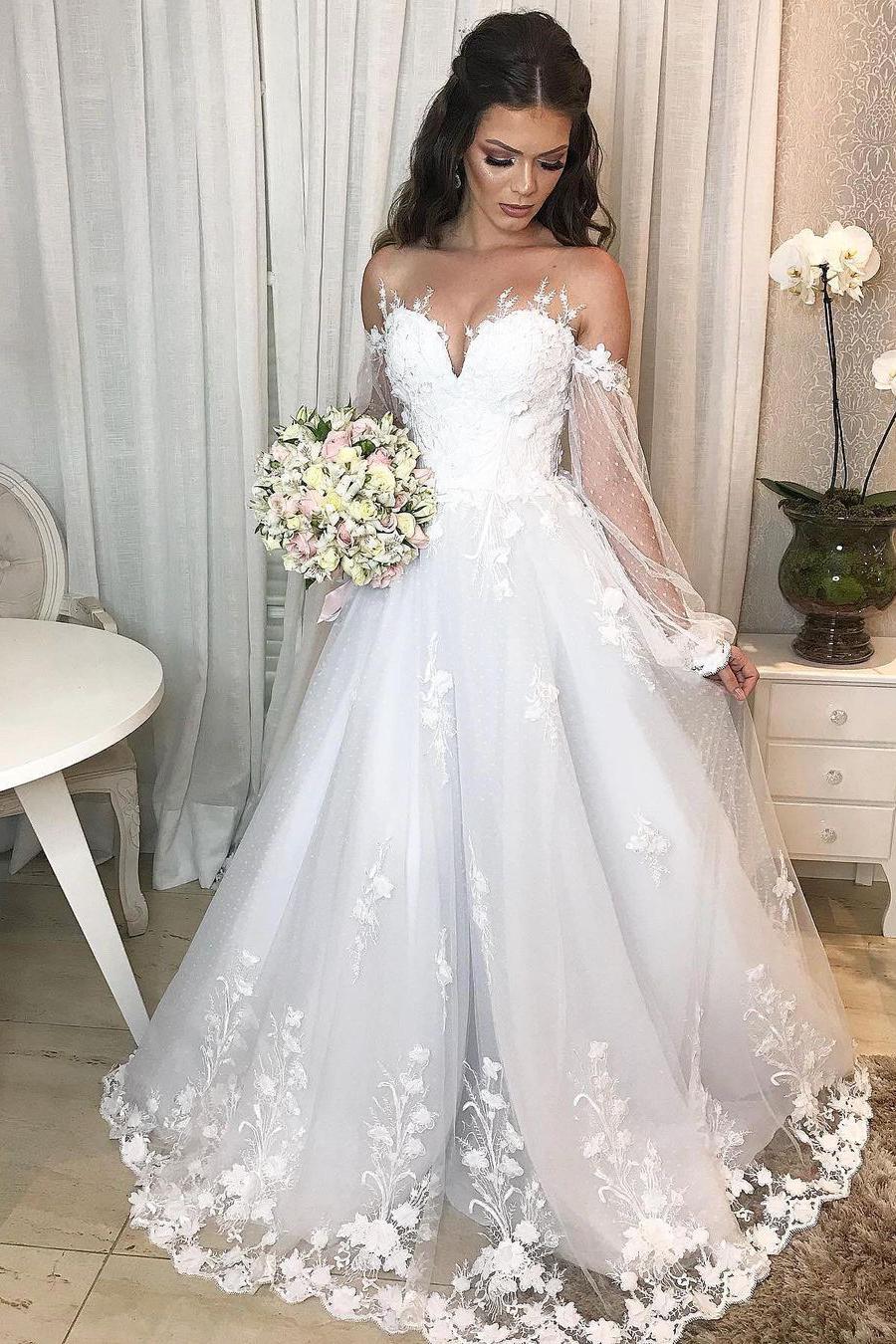Elegant Long Princess Wedding Dress With Tulle Bubble Sleeves-BallBride