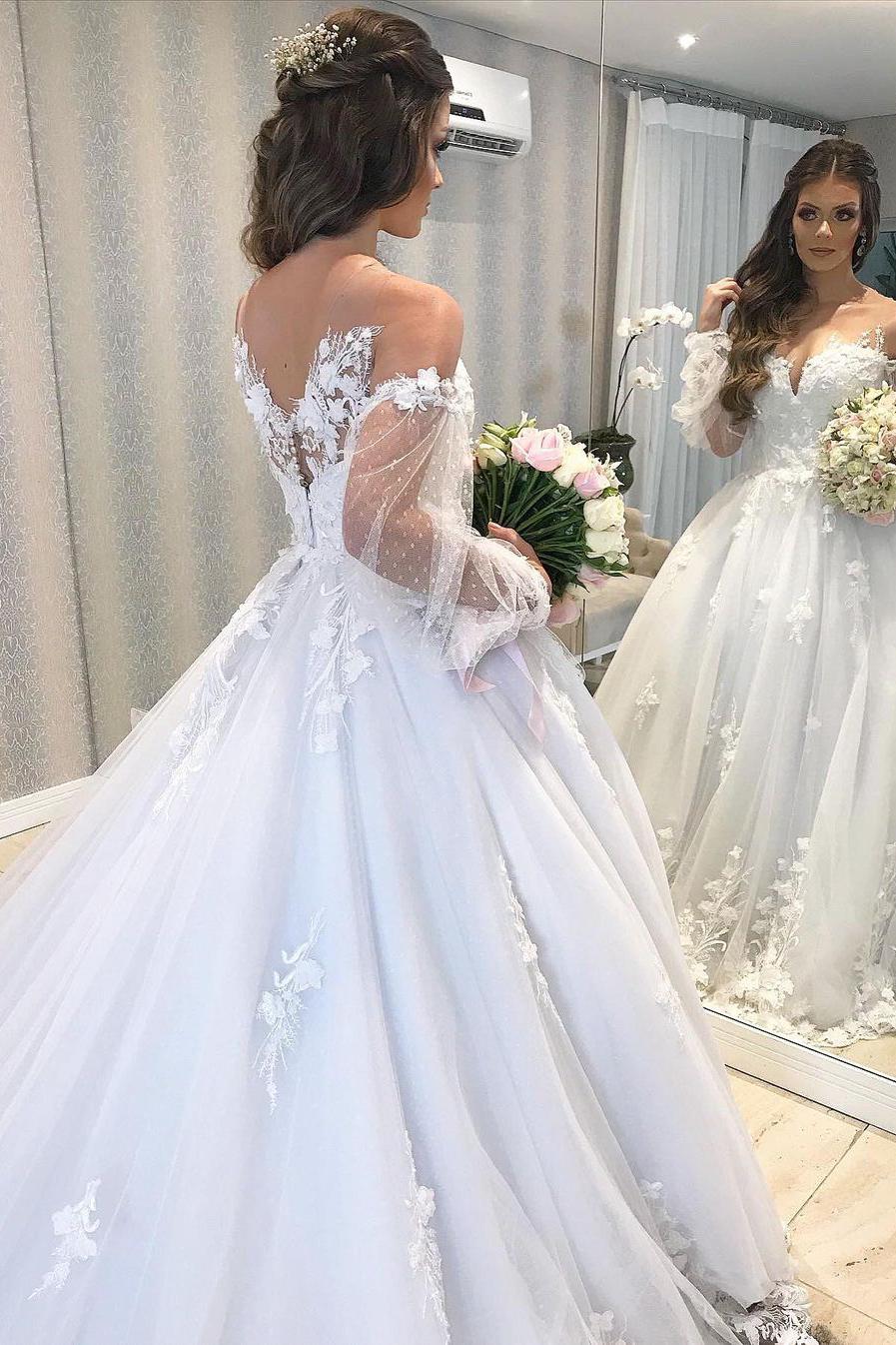 Elegant Long Princess Wedding Dress With Tulle Bubble Sleeves-BallBride