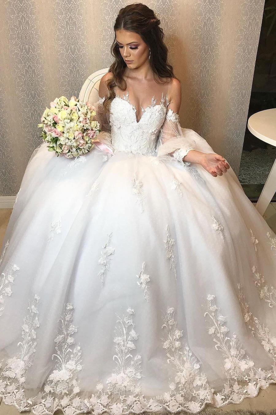 Elegant Long Princess Wedding Dress With Tulle Bubble Sleeves-BallBride