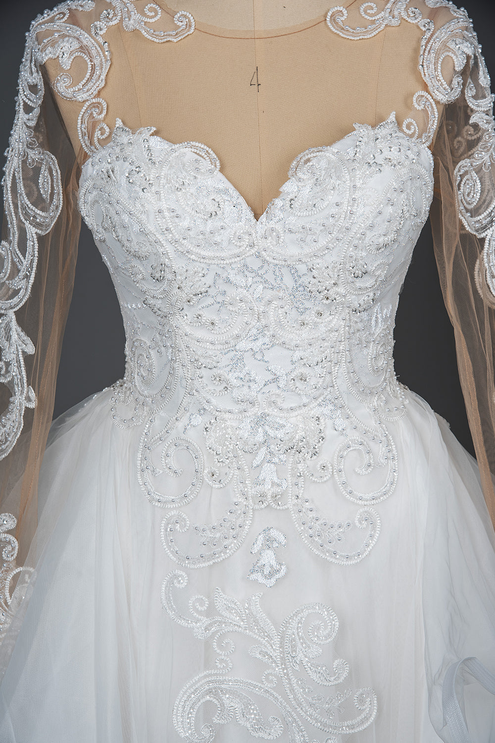Elegant Long Sleeve Ball Gown Wedding Dress with Lace Appliques-BallBride