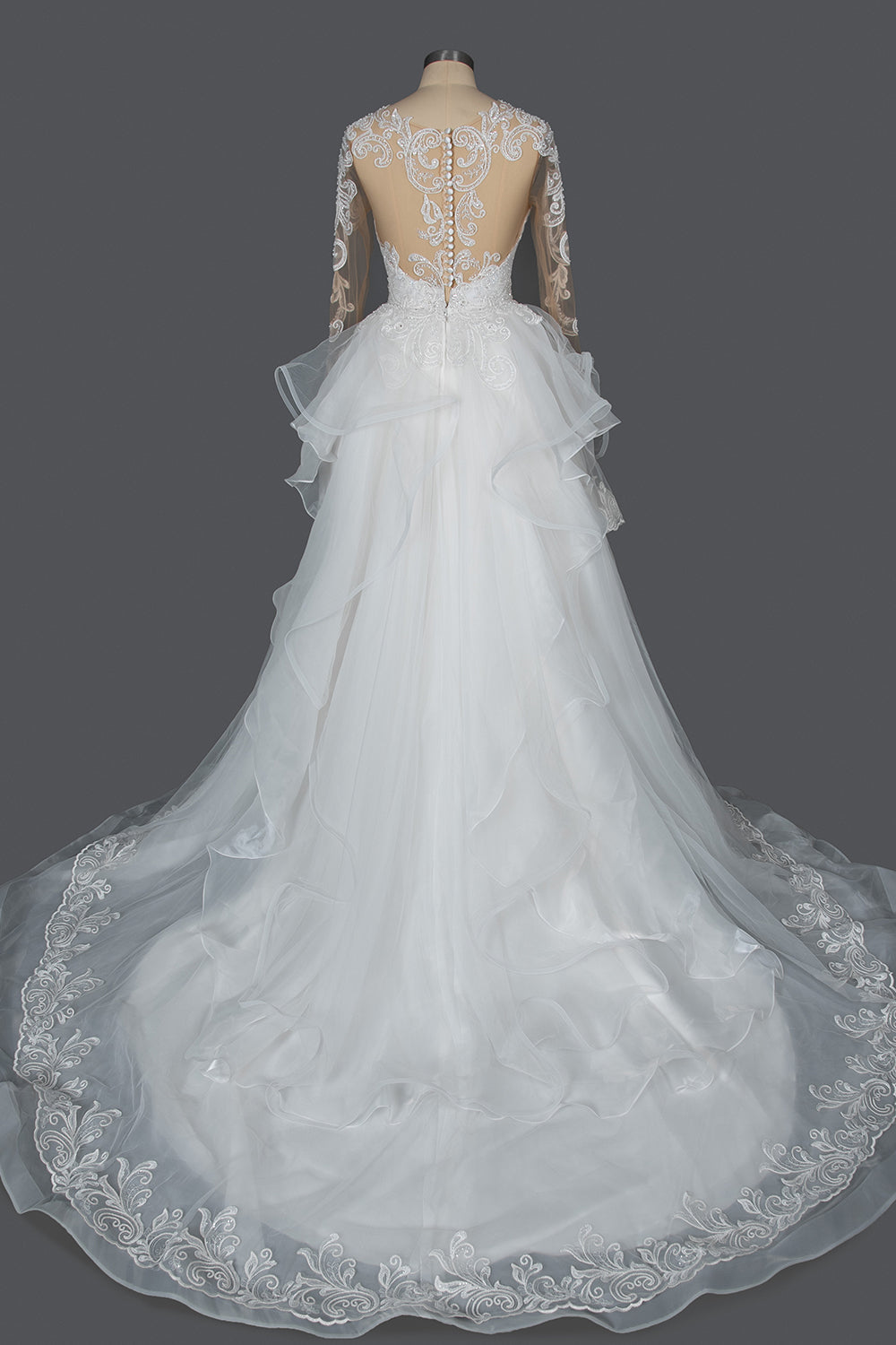 Elegant Long Sleeve Ball Gown Wedding Dress with Lace Appliques-BallBride