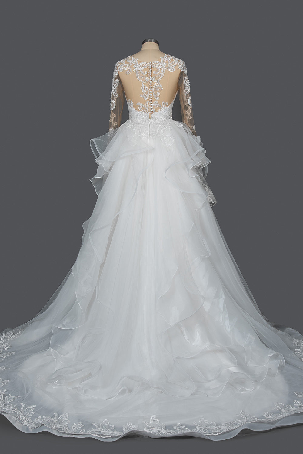 Elegant Long Sleeve Ball Gown Wedding Dress with Lace Appliques-BallBride