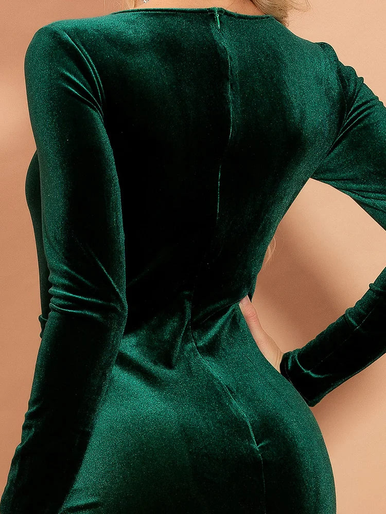 Elegant Long Sleeve Green Evening Dress With Split Online-BallBride