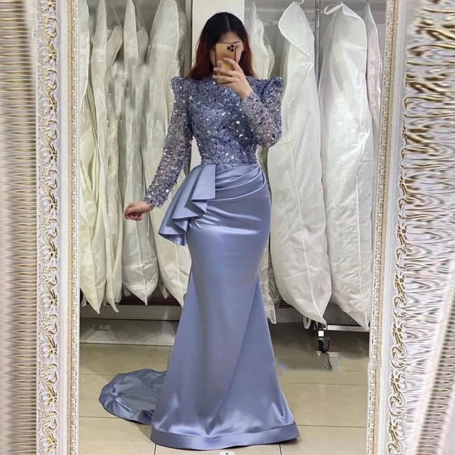 Elegant Long Sleeve Ruffles Crystal Sheath Blue Prom Dress-BallBride