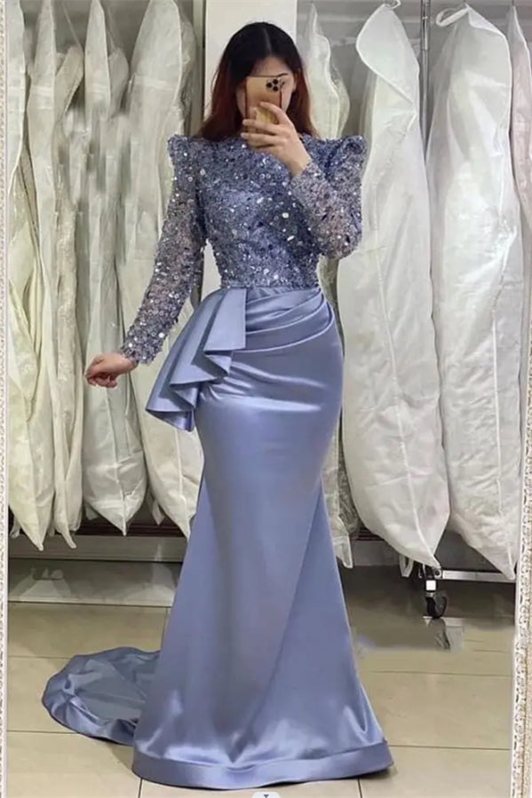 Elegant Long Sleeve Ruffles Crystal Sheath Blue Prom Dress-BallBride