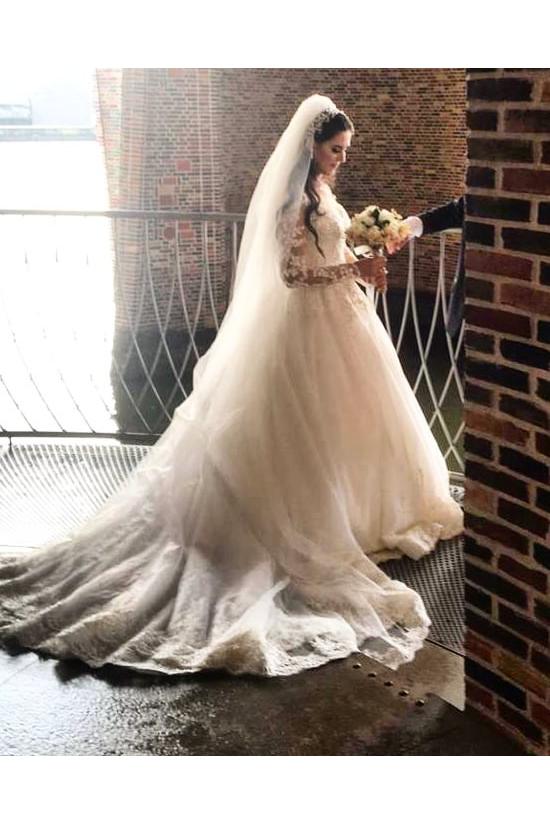 Elegant Long Sleeve Sweetheart Wedding Dress with Appliques Lace Tulle-BallBride