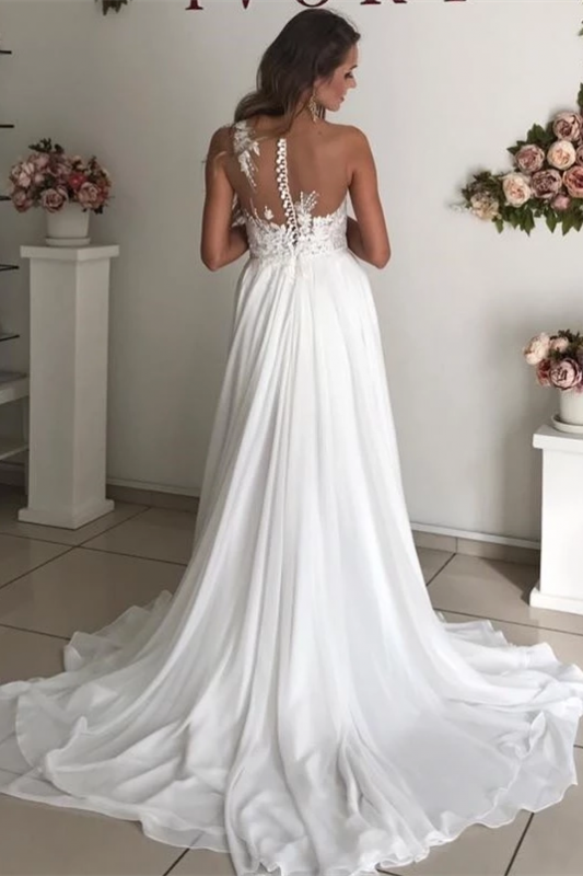 Elegant Long Sleeveless Chiffon Beach Wedding Dress with Appliques-BallBride