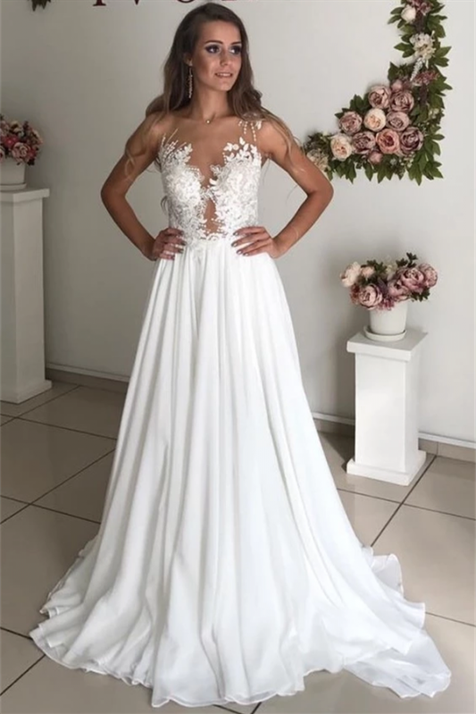 Elegant Long Sleeveless Chiffon Beach Wedding Dress with Appliques-BallBride