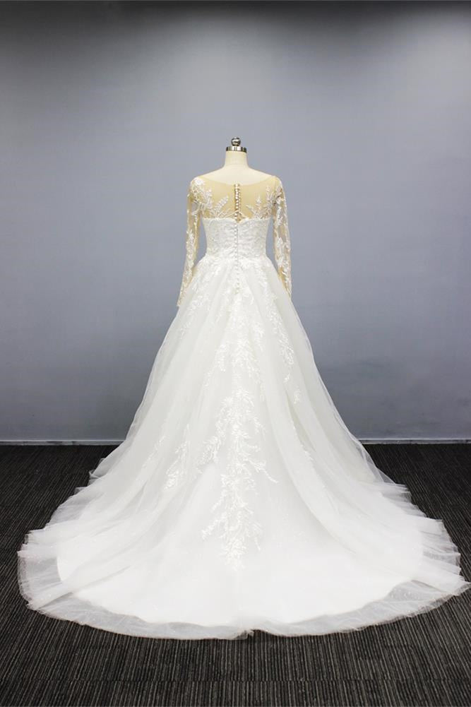 Elegant Long Sleeves A Line Wedding Dress with Sweetheart Neckline and Tulle Appliques-BallBride