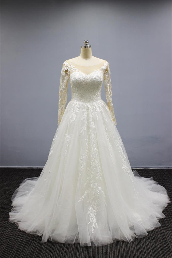 Elegant Long Sleeves A Line Wedding Dress with Sweetheart Neckline and Tulle Appliques-BallBride