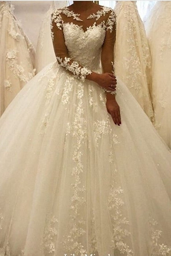 Elegant Long Sleeves Appliques Wedding Dress with Chic Lace Ruffles-BallBride