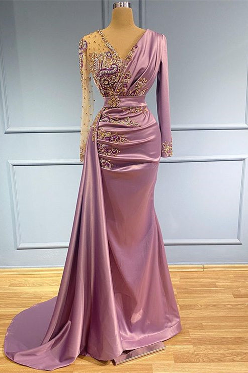 Elegant Long Sleeves Mermaid Prom Dress With Beadings-BallBride