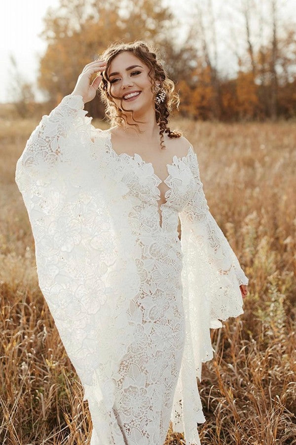 Elegant Long Sleeves Mermaid Wedding Dress With Lace-BallBride