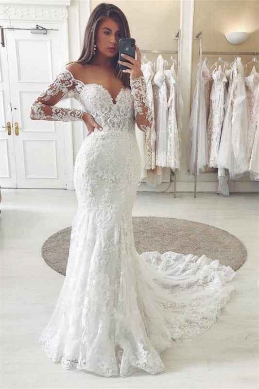 Elegant Long Sleeves V-Neck Lace Off-The-Shoulder Wedding Dress With Appliques-BallBride