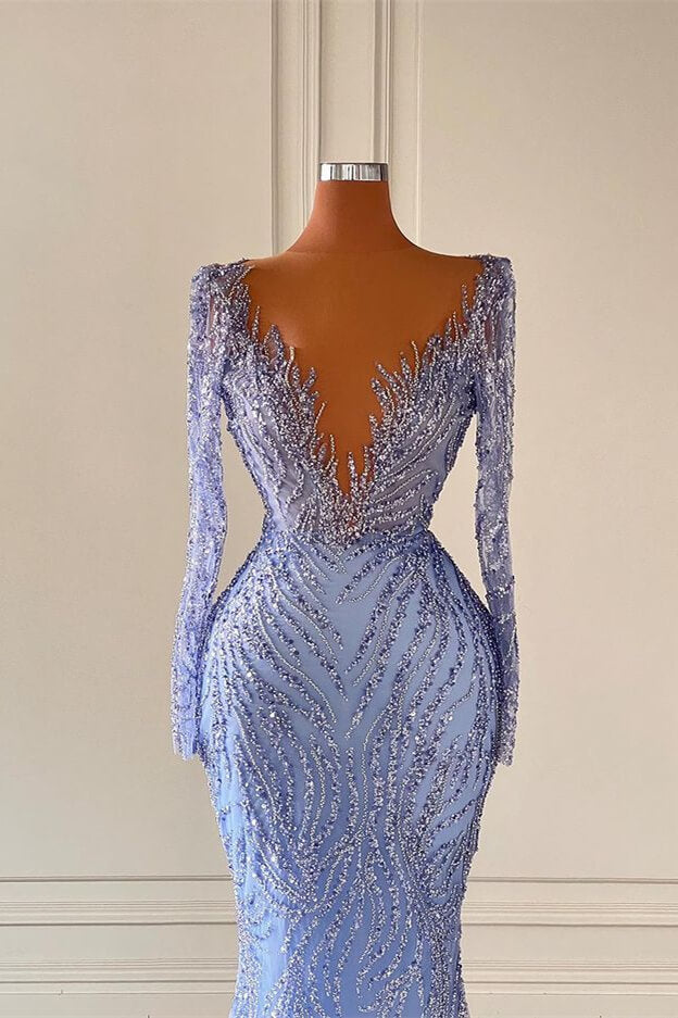 Elegant Long Sleeves V Neck Mermaid Evening Dress with Sequins Beadings-BallBride
