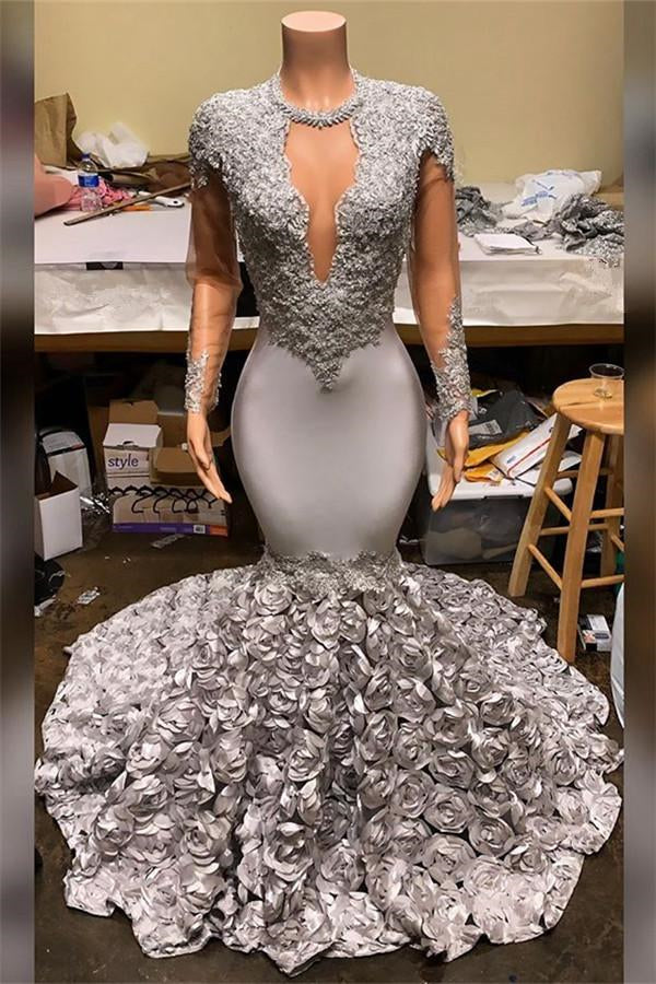 Elegant Mermaid V-Neck Prom Dress with Appliques and Flowers Bottom-BallBride