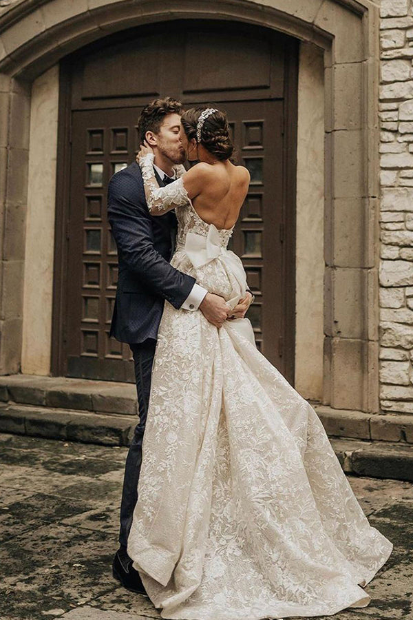 Elegant Off-The-Shoulder A-Line Wedding Dress with Bow Lace-BallBride