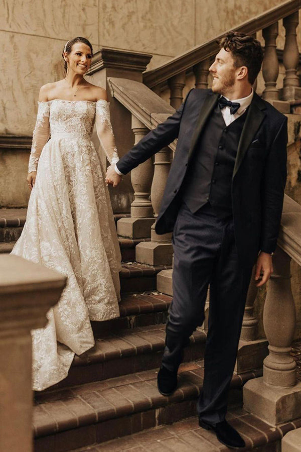 Elegant Off-The-Shoulder A-Line Wedding Dress with Bow Lace-BallBride