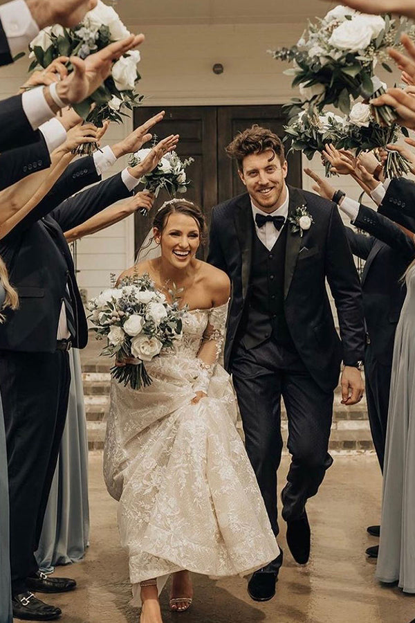 Elegant Off-The-Shoulder A-Line Wedding Dress with Bow Lace-BallBride