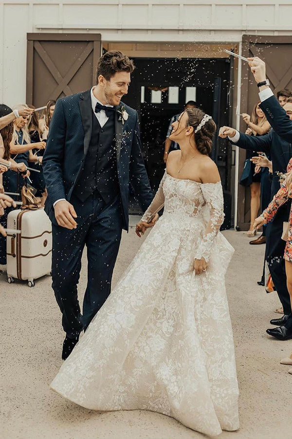 Elegant Off-The-Shoulder A-Line Wedding Dress with Bow Lace-BallBride