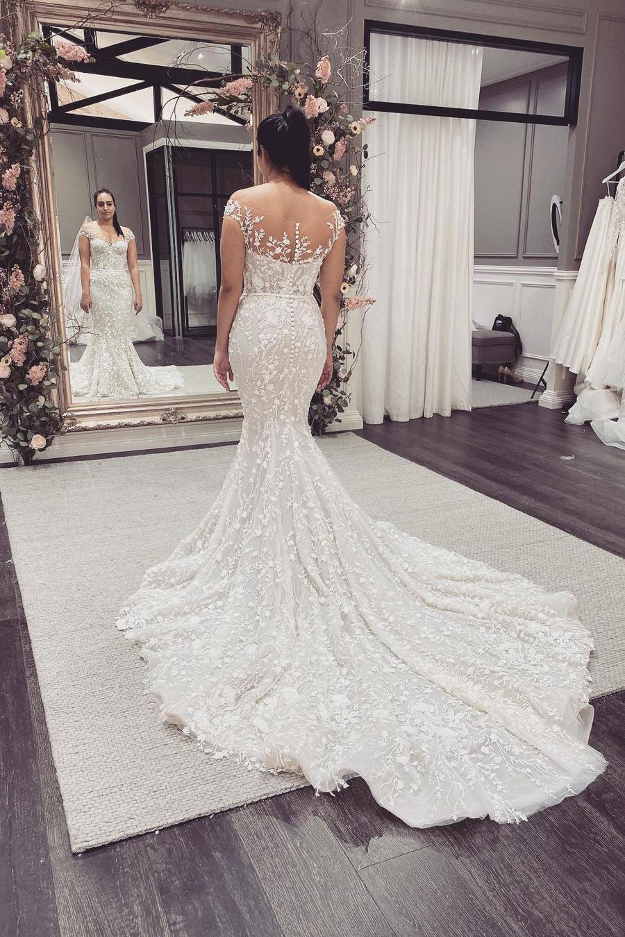 Elegant Off-the-Shoulder Backless Floor-length Mermaid Wedding Dress With Appliques Lace-BallBride