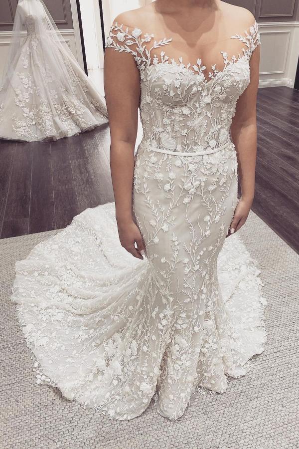 Elegant Off-the-Shoulder Backless Floor-length Mermaid Wedding Dress With Appliques Lace-BallBride