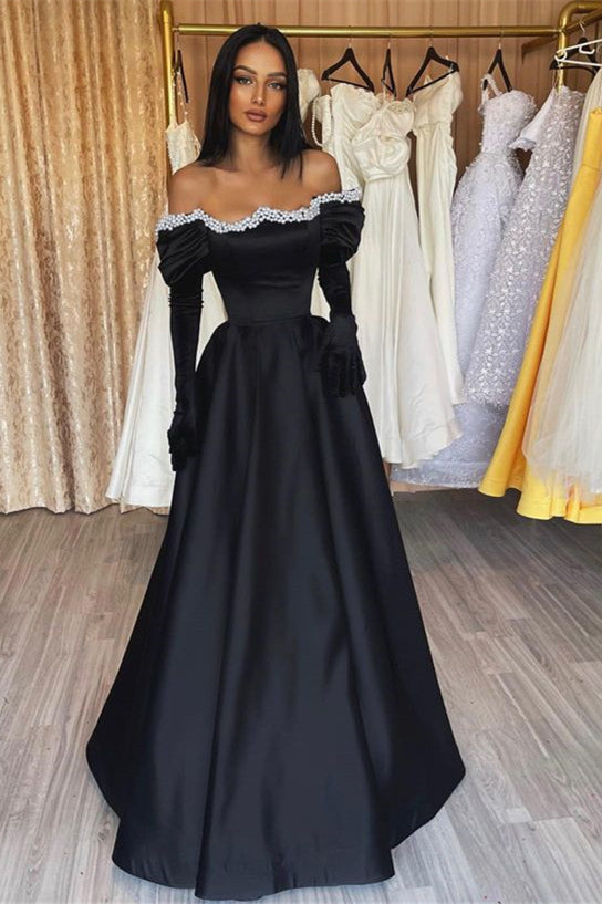 Elegant Off-the-Shoulder Black Prom Dress With Pearls-BallBride