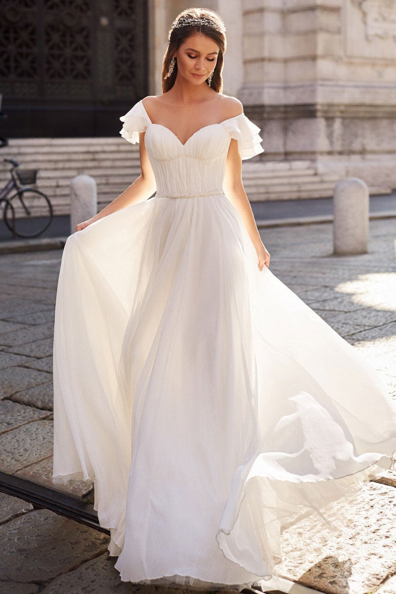 Elegant Off-the-Shoulder Chiffon Wedding Dress-BallBride