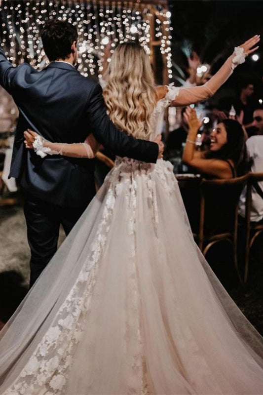 Elegant Off-The-Shoulder Lace A Line Wedding Dress-BallBride