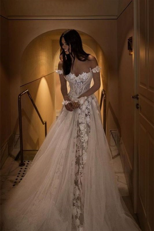 Elegant Off-The-Shoulder Lace A Line Wedding Dress-BallBride